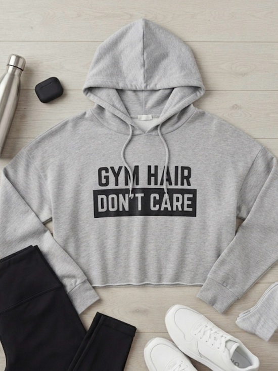 Sommer Ray Tops - Women's Gray Cropped Hoodie Sweatshirt - 'Gym Hair Don't Care'